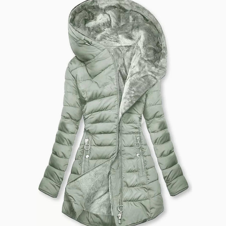Damen Lange Puffer Winterjacke mit Kapuze Wasserdicht Tailliert - Hellgrün