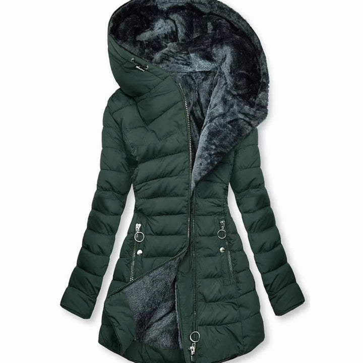 Damen Lange Puffer Winterjacke mit Kapuze Wasserdicht Tailliert - Dunkelgrün