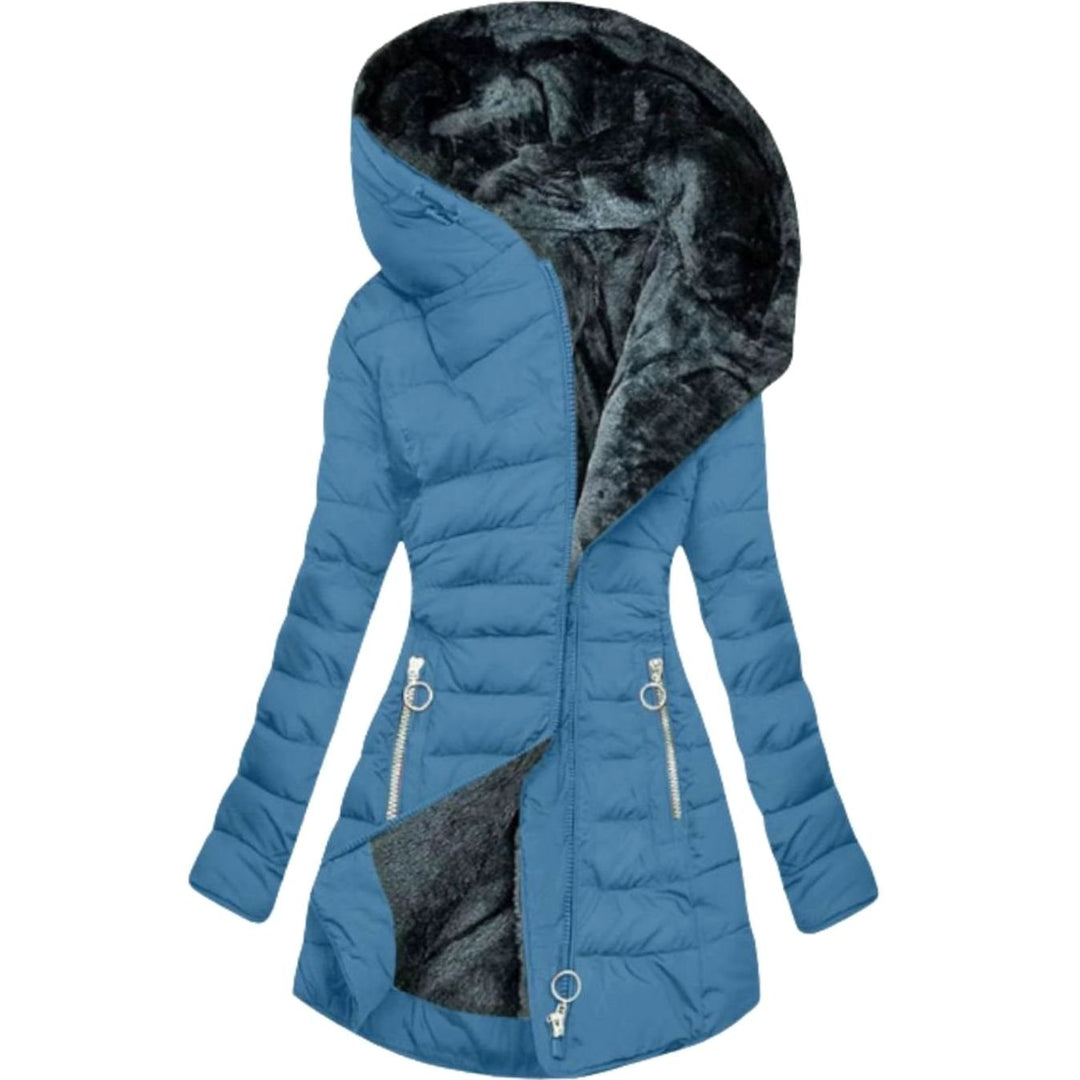 Damen Lange Puffer Winterjacke mit Kapuze Wasserdicht Tailliert - Blau