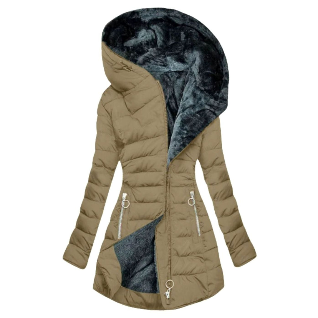 Damen Lange Puffer Winterjacke mit Kapuze Wasserdicht Tailliert - Khaki