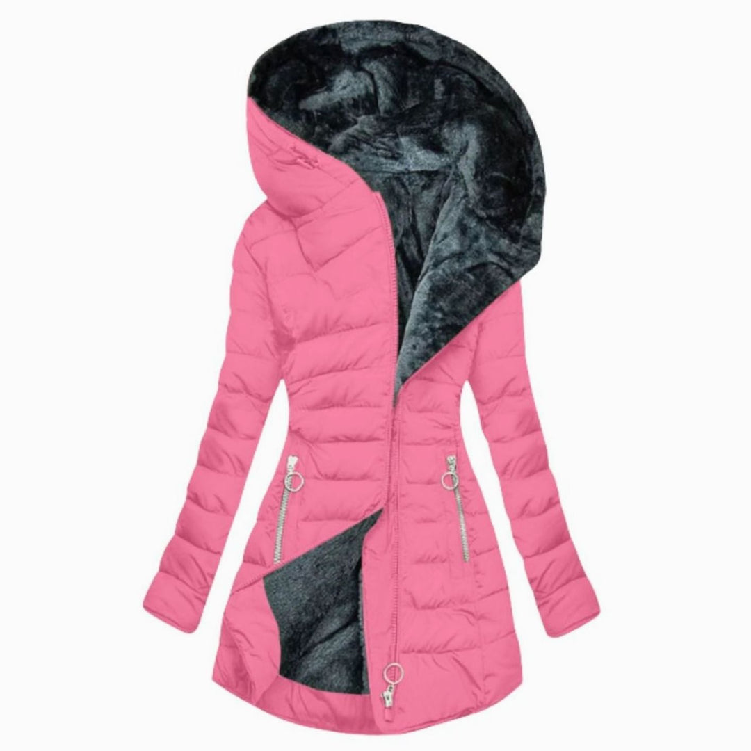 Damen Lange Puffer Winterjacke mit Kapuze Wasserdicht Tailliert - Rosa