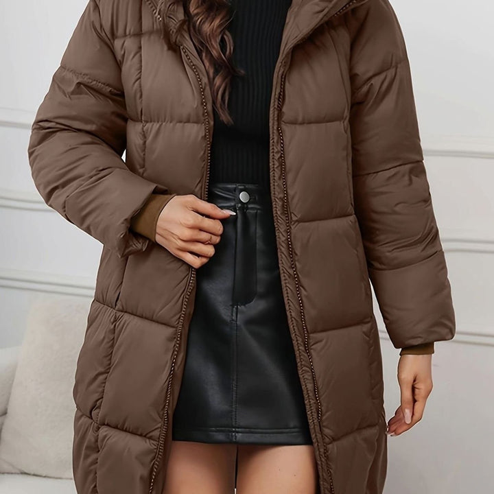 Damen Lange Steppjacke mit Kapuze Winterjacke Pufferjacke - Rötlich Braun