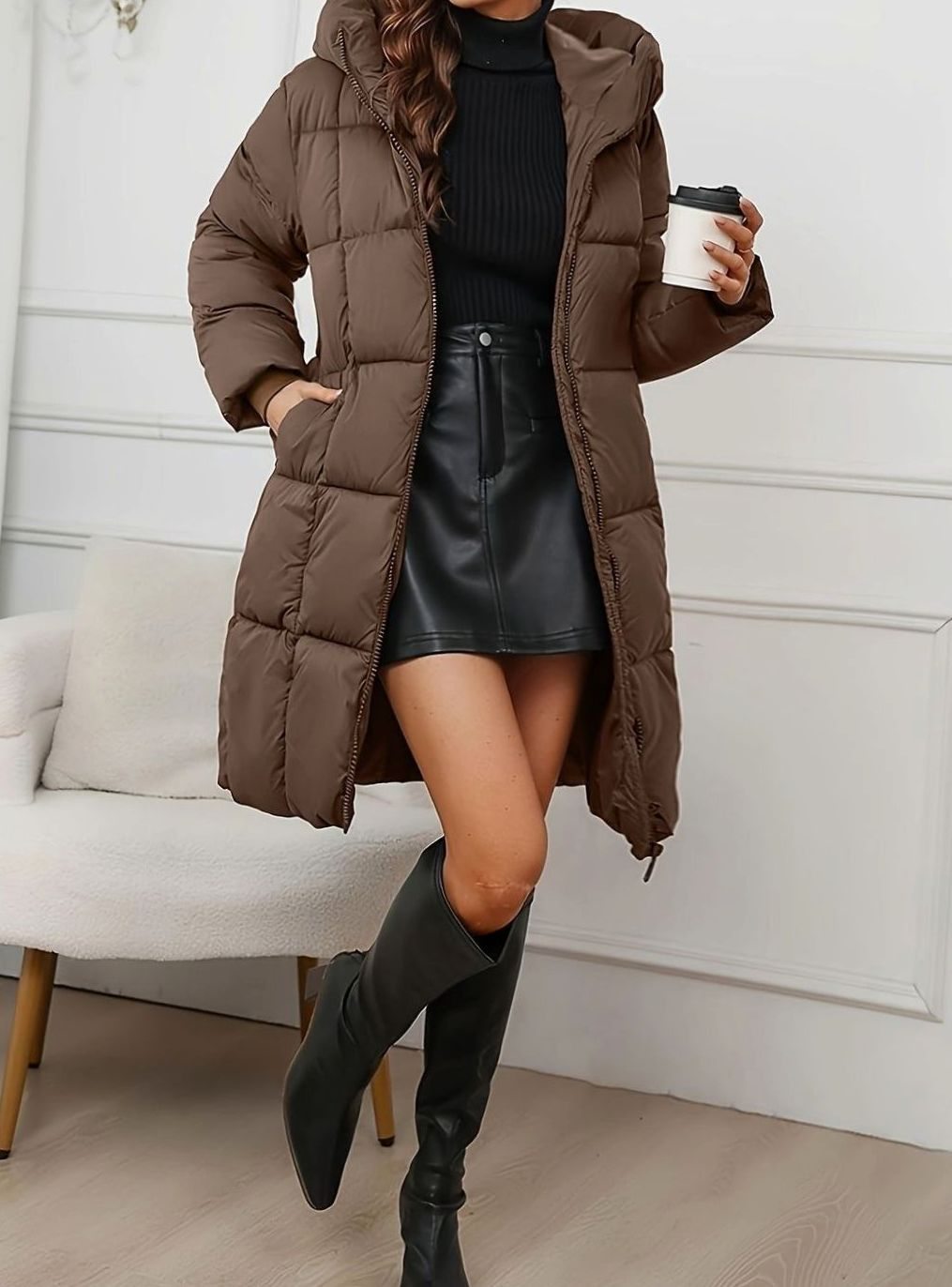 Damen Lange Steppjacke mit Kapuze Winterjacke Pufferjacke