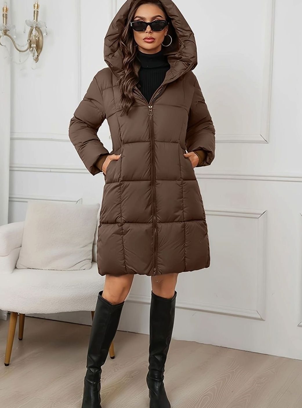 Damen Lange Steppjacke mit Kapuze Winterjacke Pufferjacke