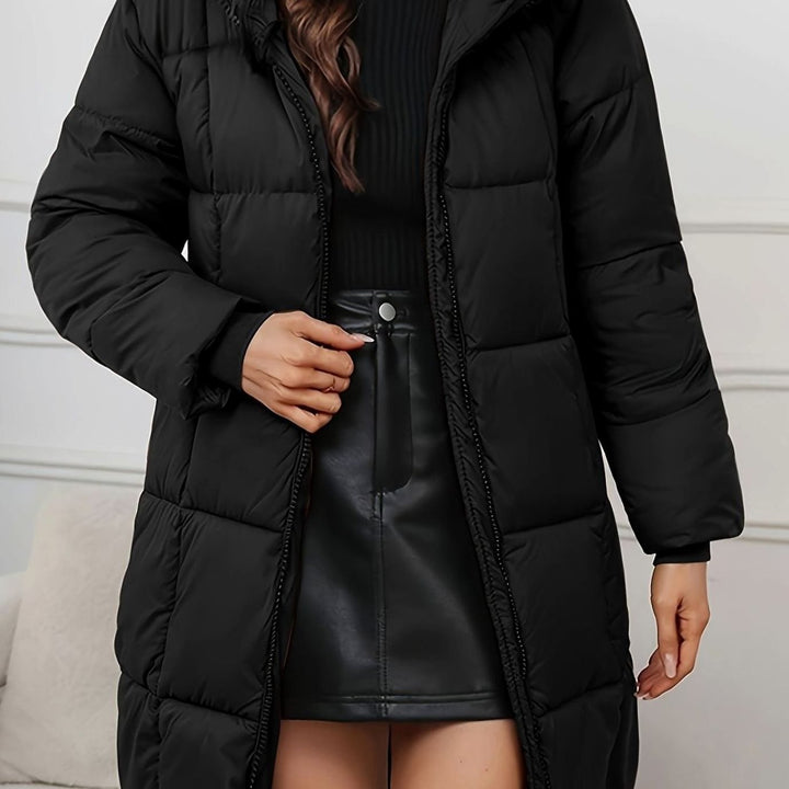Damen Lange Steppjacke mit Kapuze Winterjacke Pufferjacke - Schwarz