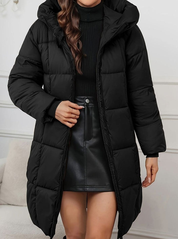 Damen Lange Steppjacke mit Kapuze Winterjacke Pufferjacke