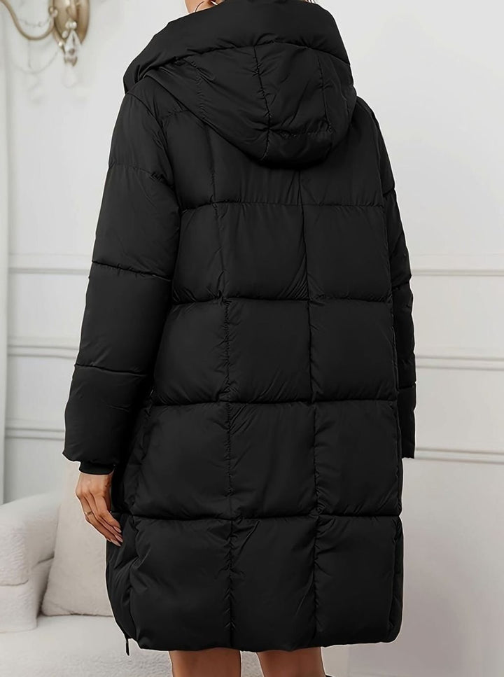 Damen Lange Steppjacke mit Kapuze Winterjacke Pufferjacke