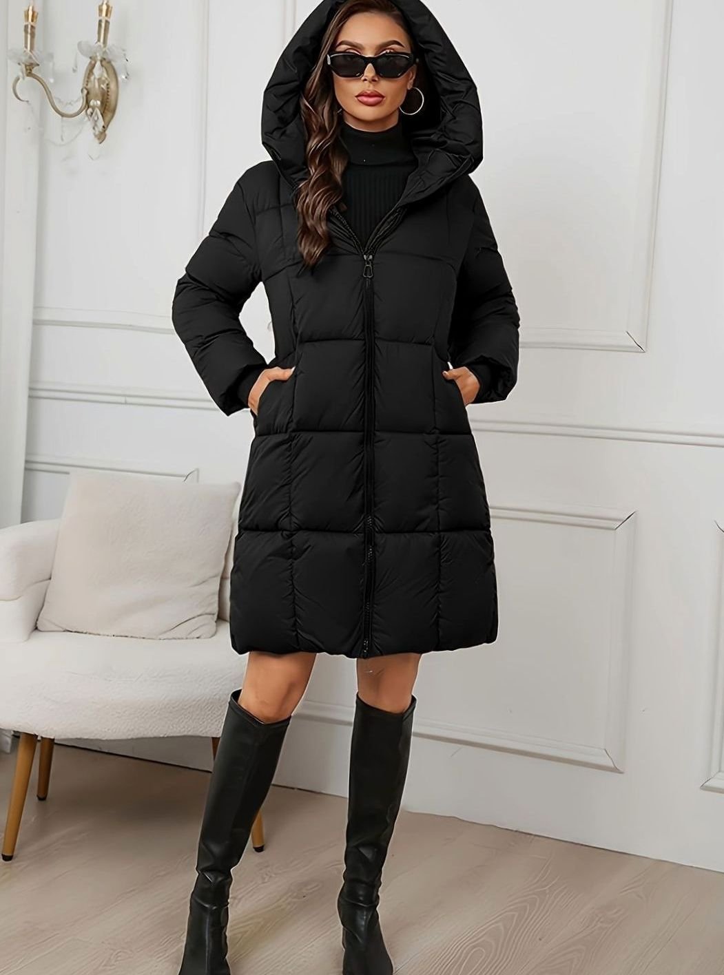 Damen Lange Steppjacke mit Kapuze Winterjacke Pufferjacke