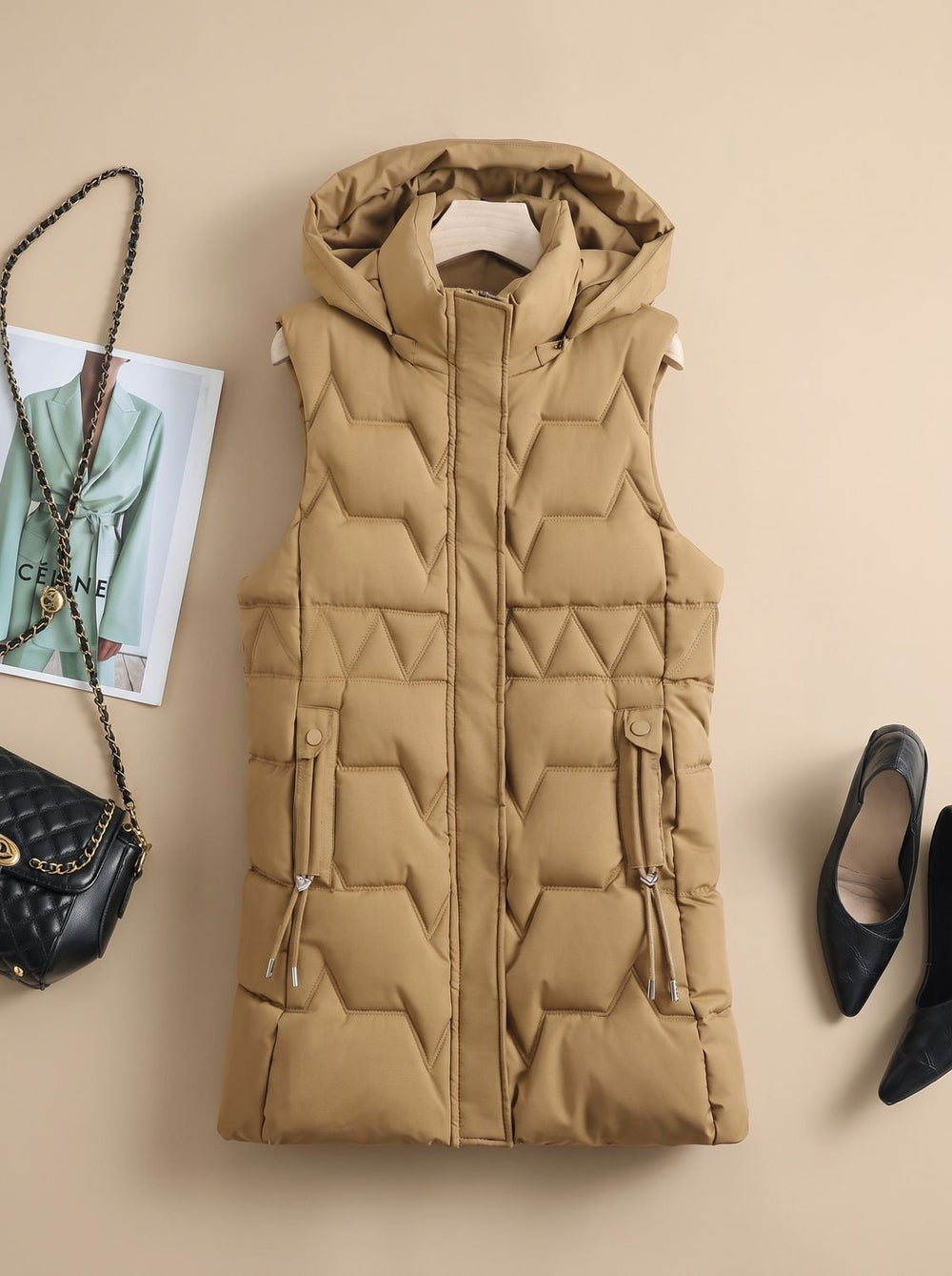 Damen Lange Steppweste mit Kapuze Taillierbare Bodywarmer Longweste - Khaki