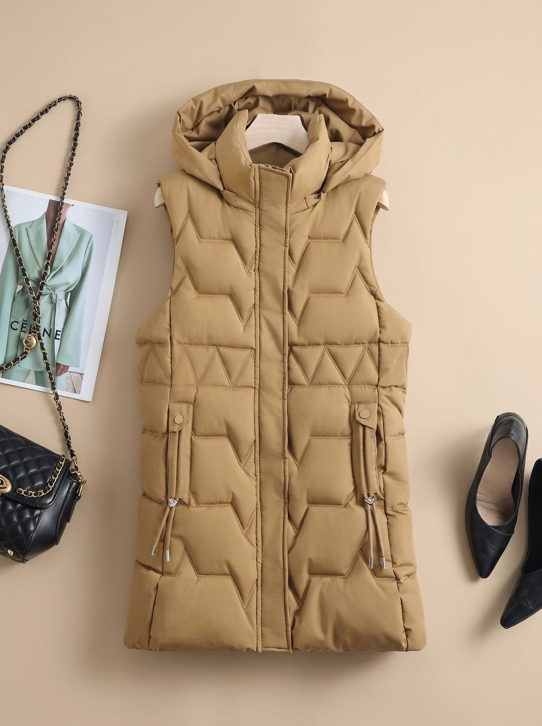 Damen Lange Steppweste mit Kapuze Taillierbare Bodywarmer Longweste - Khaki