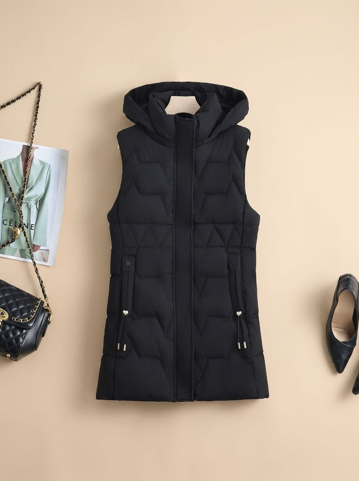 Damen Lange Steppweste mit Kapuze Taillierbare Bodywarmer Longweste - Schwarz