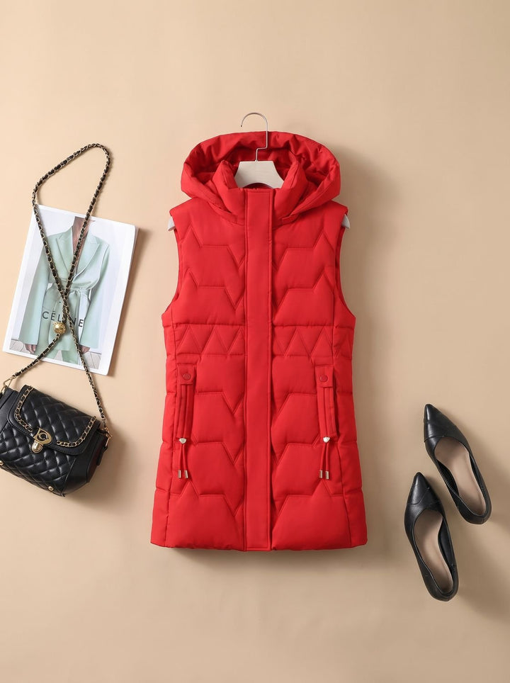 Damen Lange Steppweste mit Kapuze Taillierbare Bodywarmer Longweste - Rot