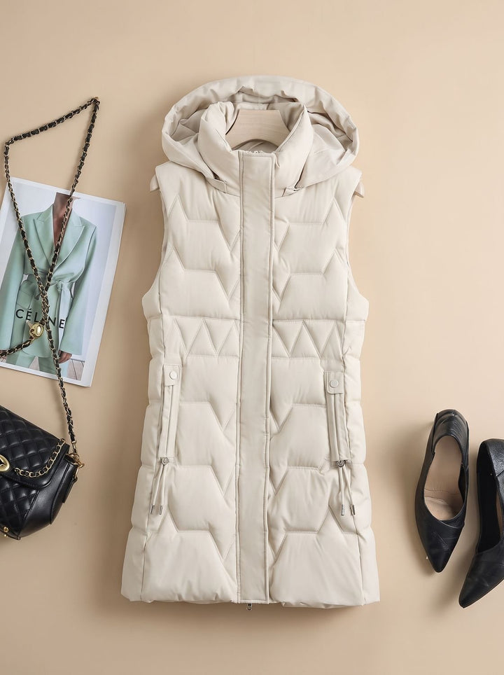 Damen Lange Steppweste mit Kapuze Taillierbare Bodywarmer Longweste - Offwhite