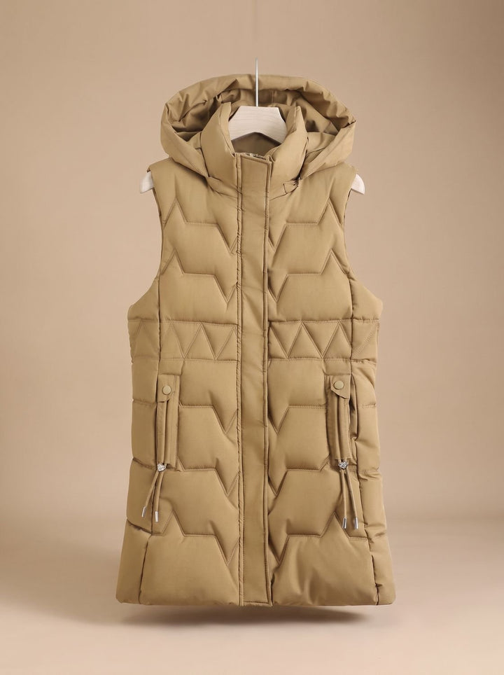 Damen Lange Steppweste mit Kapuze Taillierbare Bodywarmer Longweste