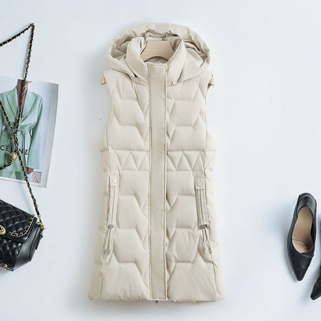 Damen Lange Steppweste mit Kapuze und Taillierungskordeln - Offwhite
