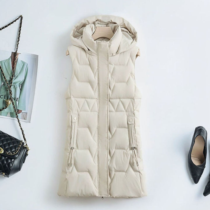 Damen Lange Steppweste mit Kapuze und Taillierungskordeln - Offwhite