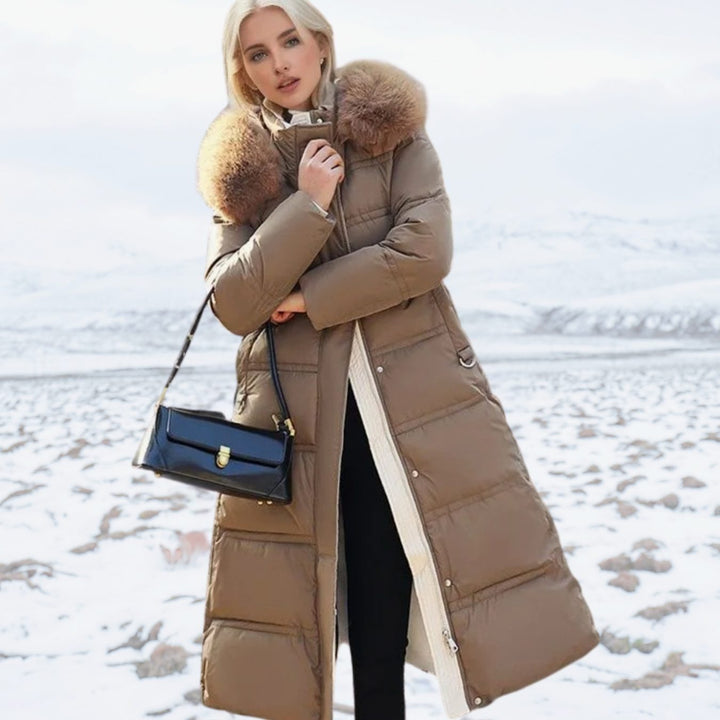 Damen Langer Designer Winter Parka mit Fellkapuze Windproof - Braun