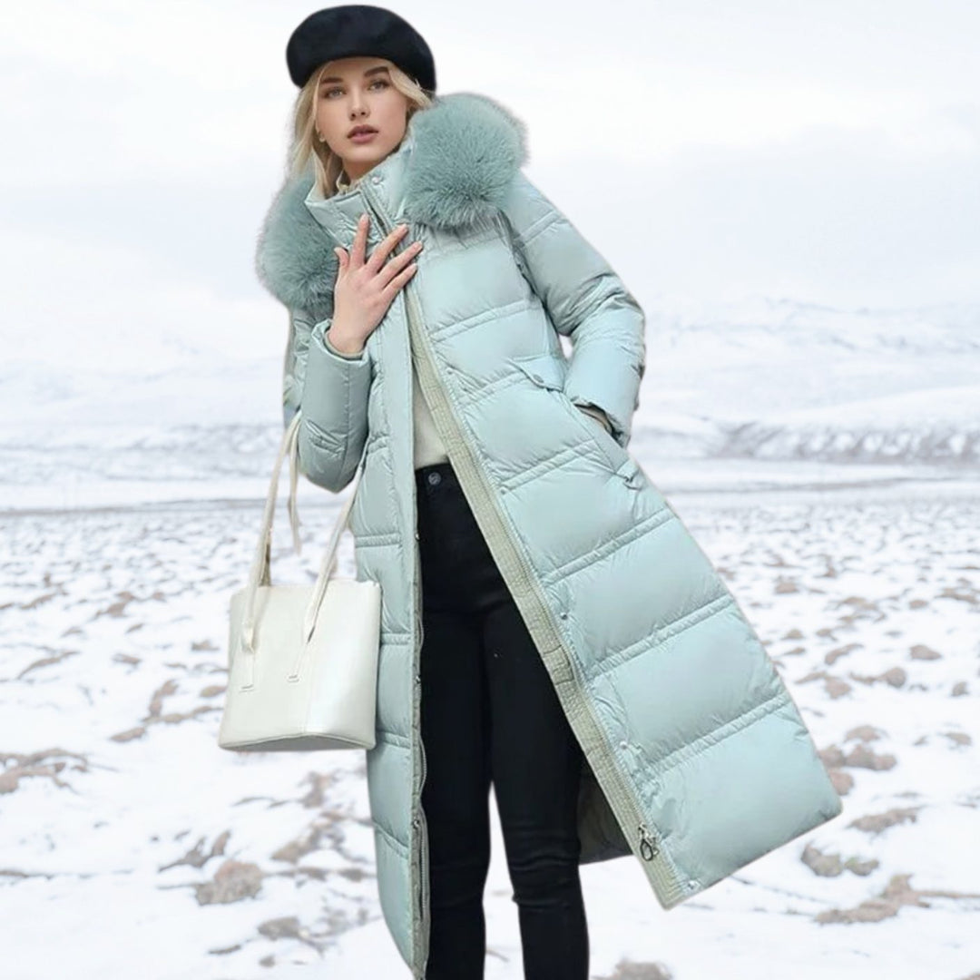 Damen Langer Designer Winter Parka mit Fellkapuze Windproof - Blau
