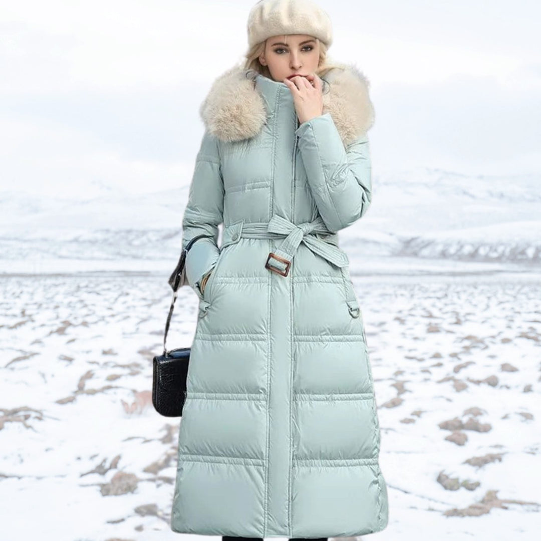 Damen Langer Designer Winter Parka mit Fellkapuze Windproof - Blau-Weiß