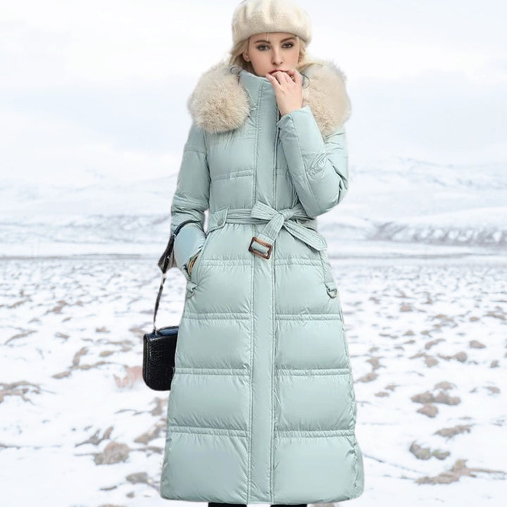 Damen Langer Designer Winter Parka mit Fellkapuze Windproof - Blau-Weiß