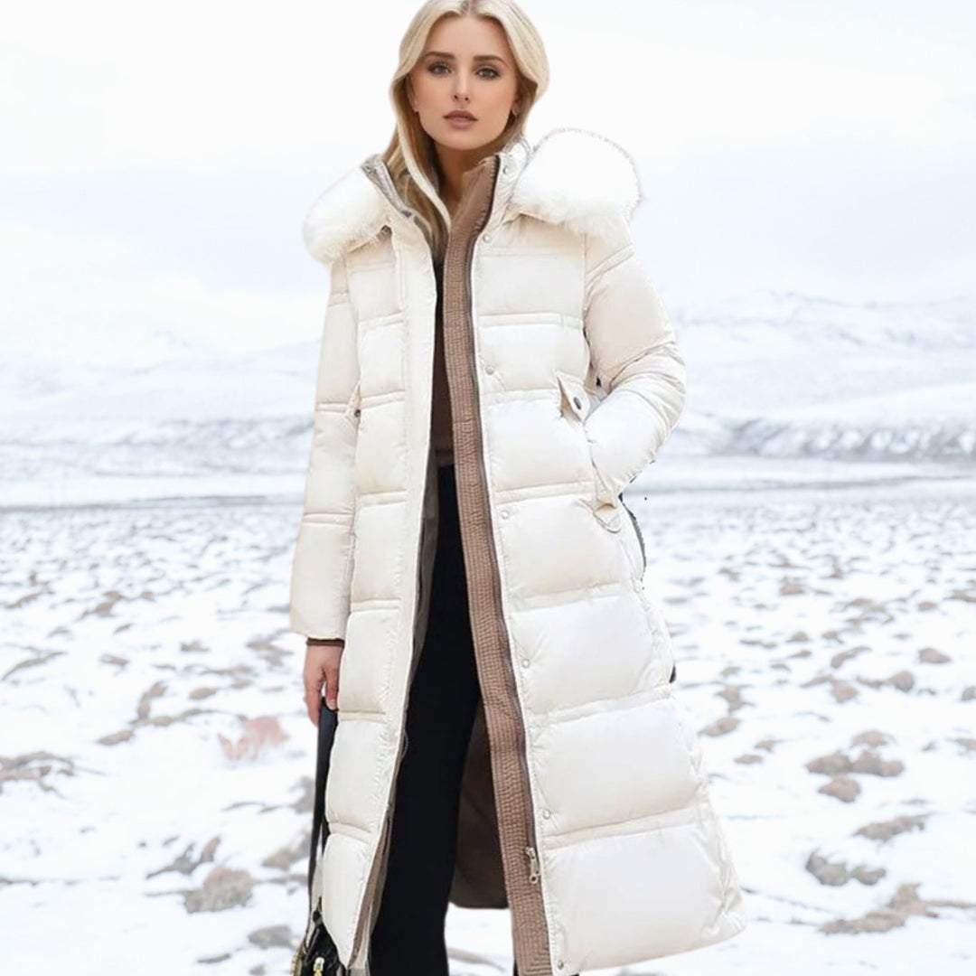 Damen Langer Designer Winter Parka mit Fellkapuze Windproof - Weiß