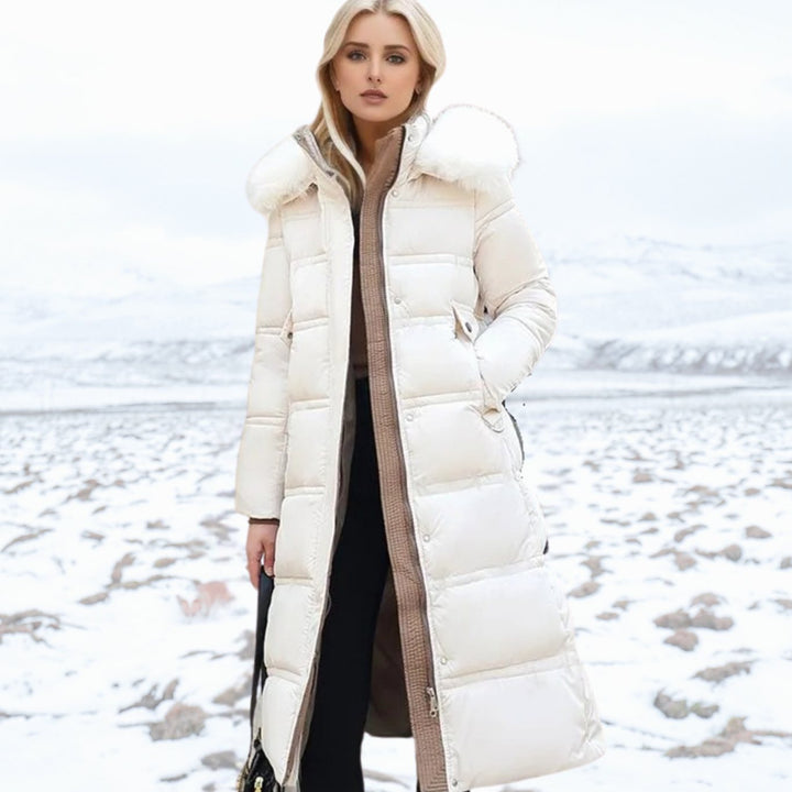 Damen Langer Designer Winter Parka mit Fellkapuze Windproof - Weiß