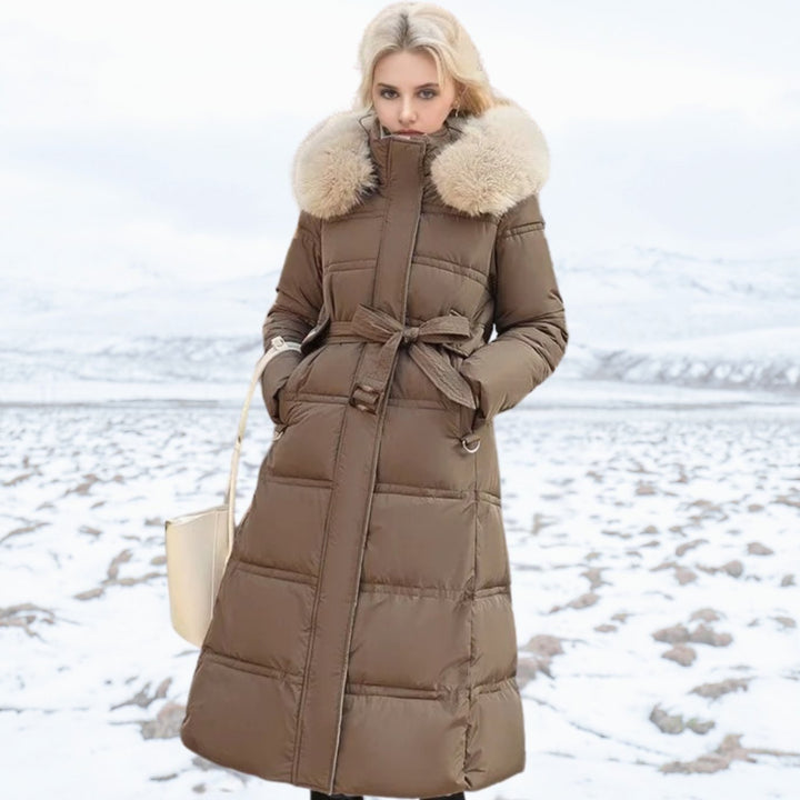 Damen Langer Designer Winter Parka mit Fellkapuze Windproof - Braun und Beige