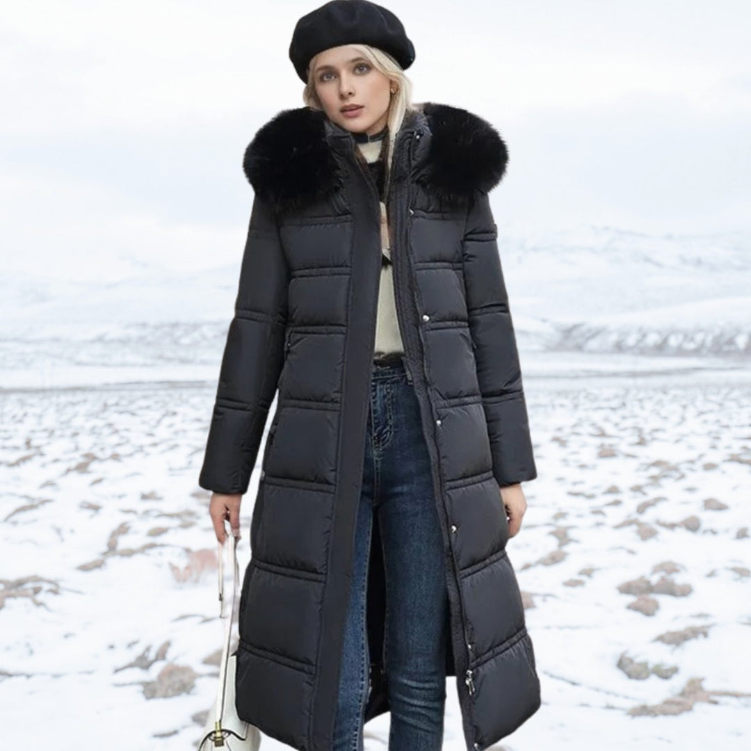 Damen Langer Designer Winter Parka mit Fellkapuze Windproof - Schwarz