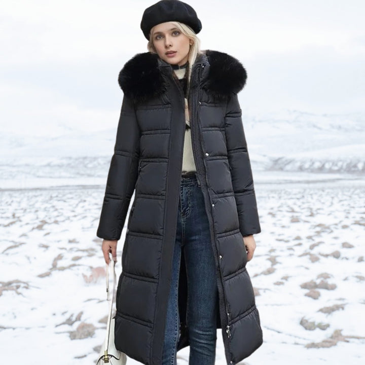 Damen Langer Designer Winter Parka mit Fellkapuze Windproof - Schwarz