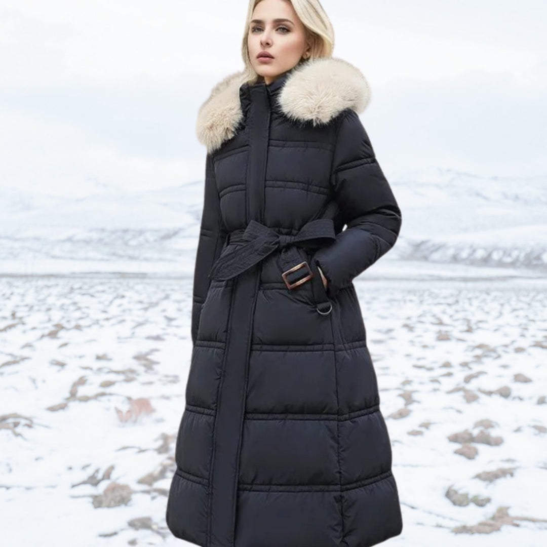 Damen Langer Designer Winter Parka mit Fellkapuze Windproof - Schwarz-Weiß
