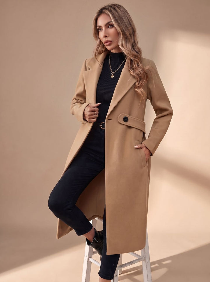 Damen Langer Eleganter Wintermantel mit Revers und Seitentaschen - Khaki