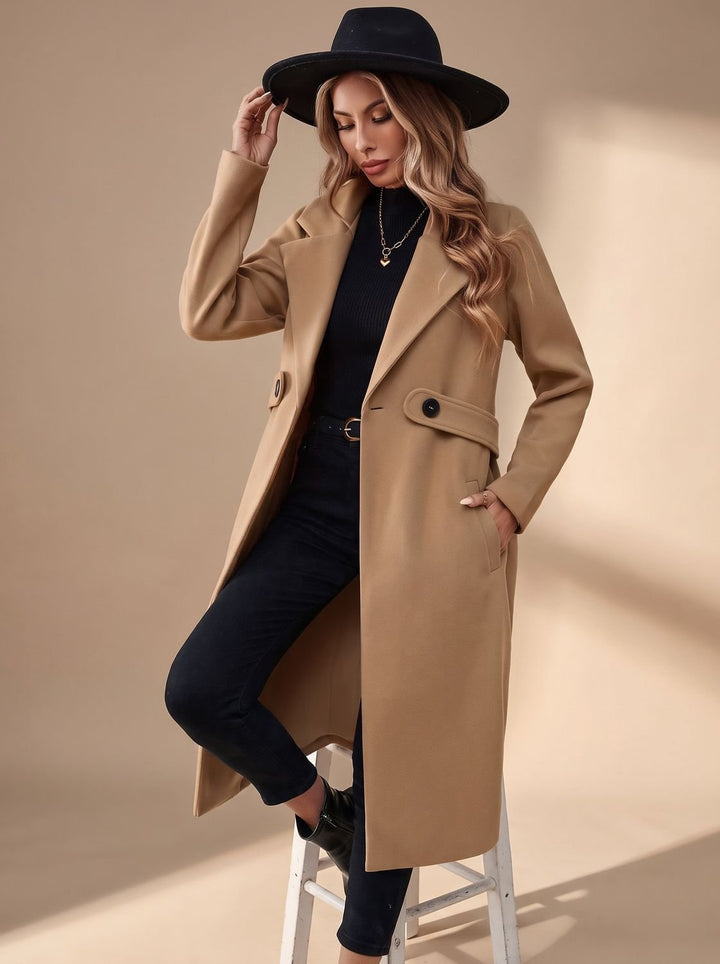 Damen Langer Eleganter Wintermantel mit Revers und Seitentaschen