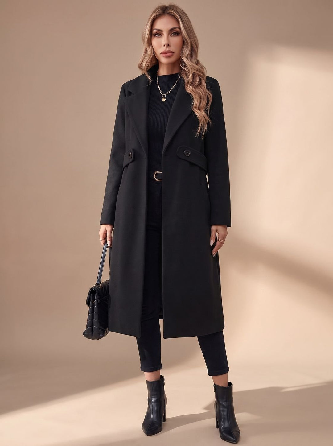 Damen Langer Eleganter Wintermantel mit Revers und Seitentaschen