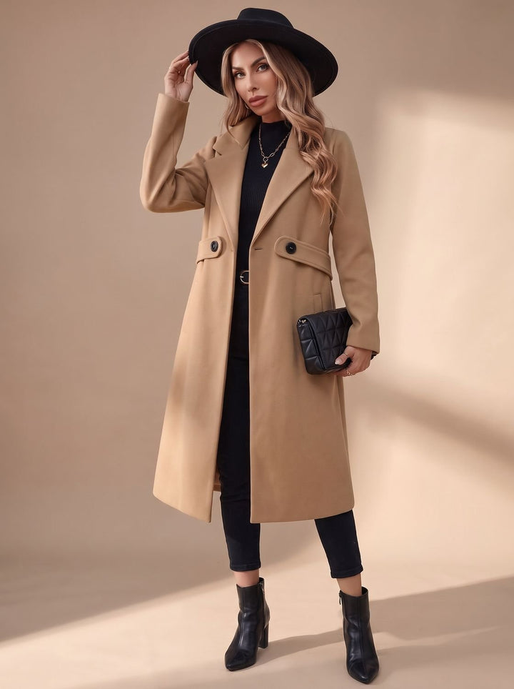 Damen Langer Eleganter Wintermantel mit Revers und Seitentaschen