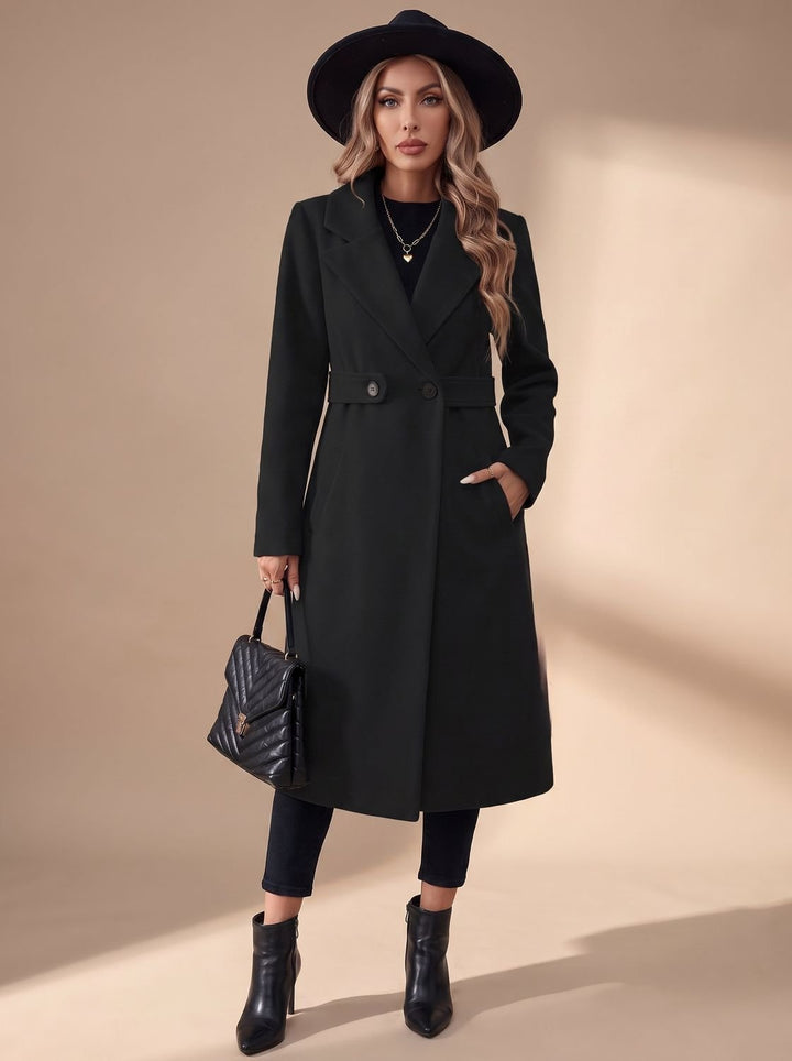 Damen Langer Eleganter Wintermantel mit Revers und Seitentaschen - Schwarz