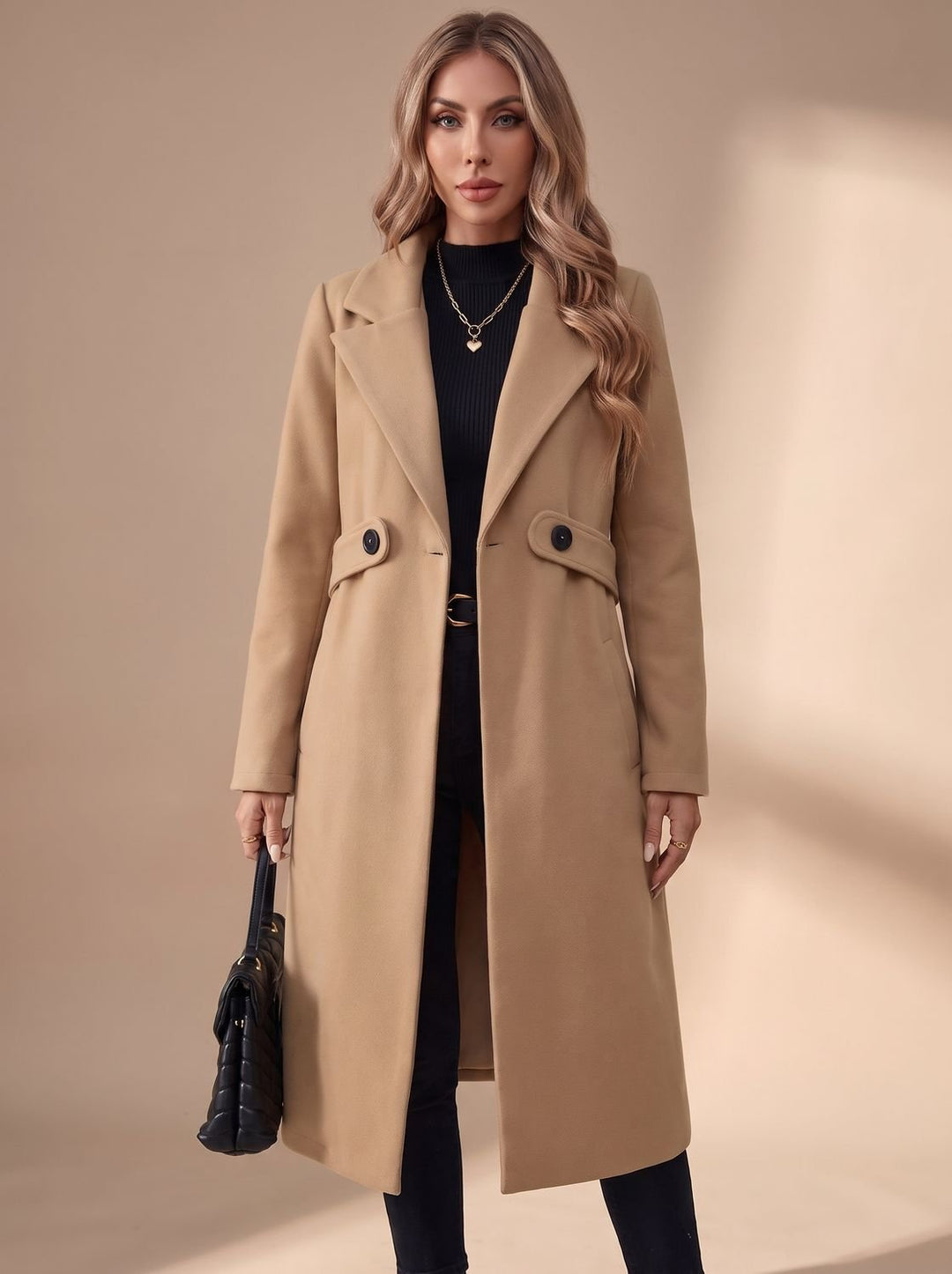 Damen Langer Eleganter Wintermantel mit Revers und Seitentaschen