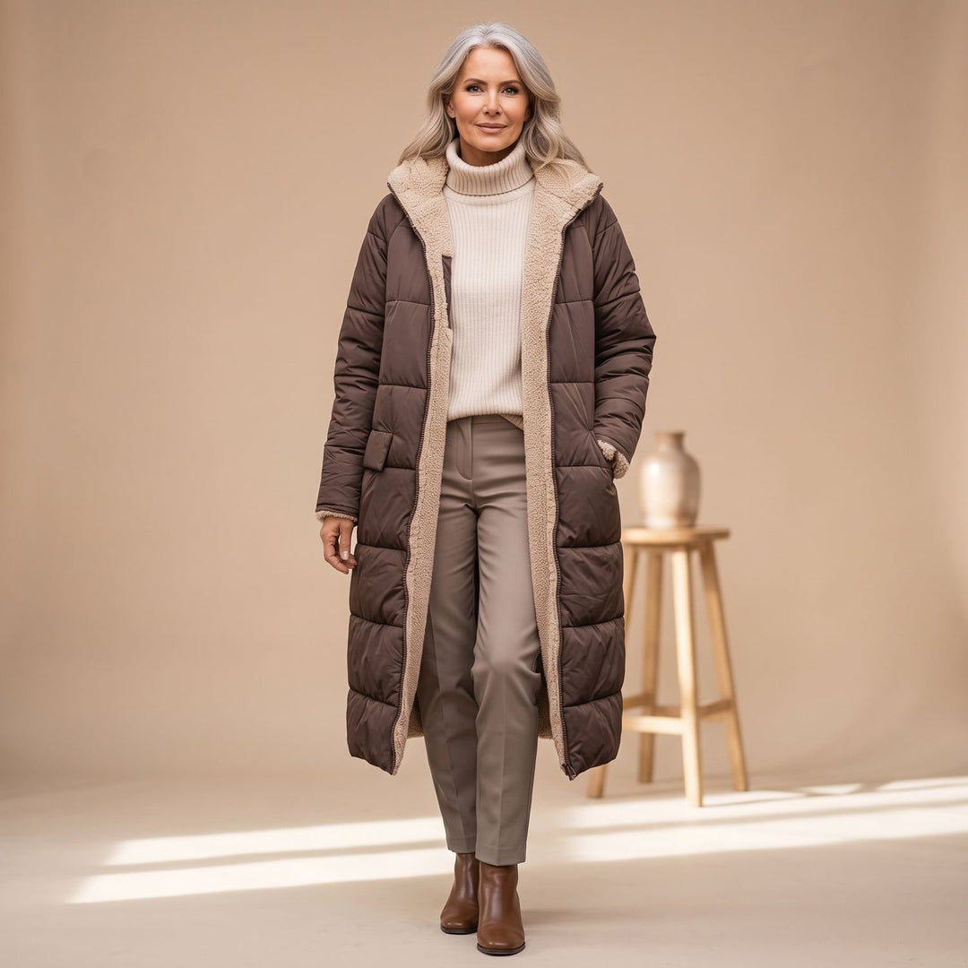 Damen Langer Gesteppter Wintermantel mit Sherpa-Innenfutter - Braun