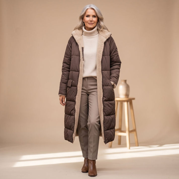 Damen Langer Gesteppter Wintermantel mit Sherpa-Innenfutter - Braun
