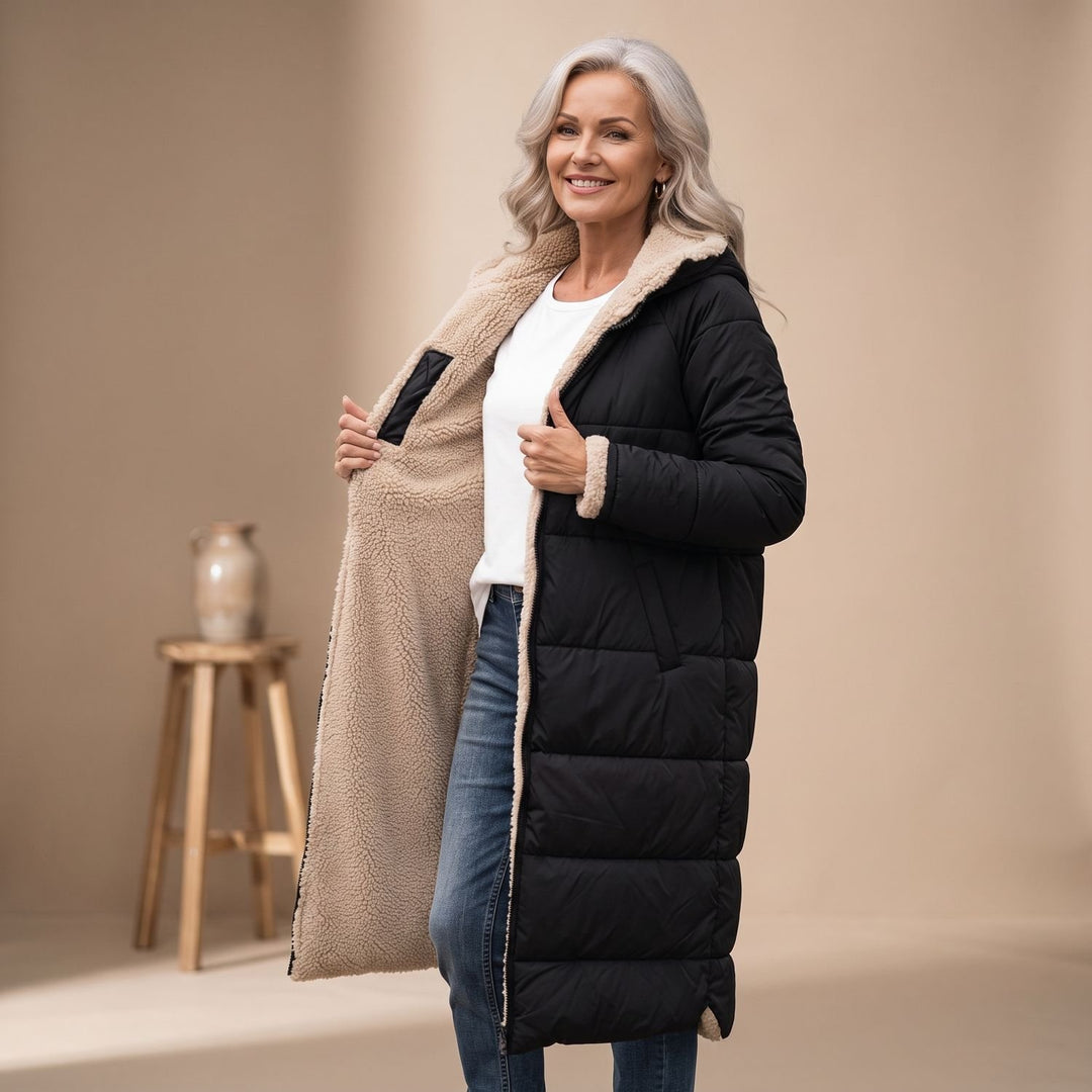 Damen Langer Gesteppter Wintermantel mit Sherpa-Innenfutter