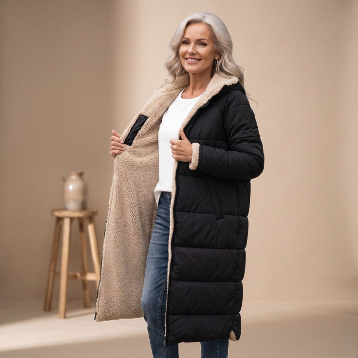 Damen Langer Gesteppter Wintermantel mit Sherpa-Innenfutter