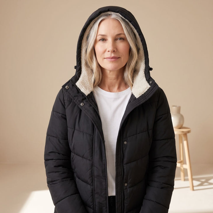 Damen Langer Gesteppter Wintermantel mit Sherpa-Innenfutter