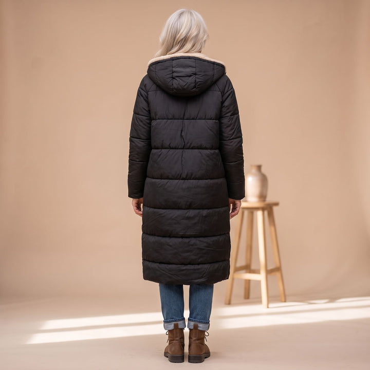 Damen Langer Gesteppter Wintermantel mit Sherpa-Innenfutter