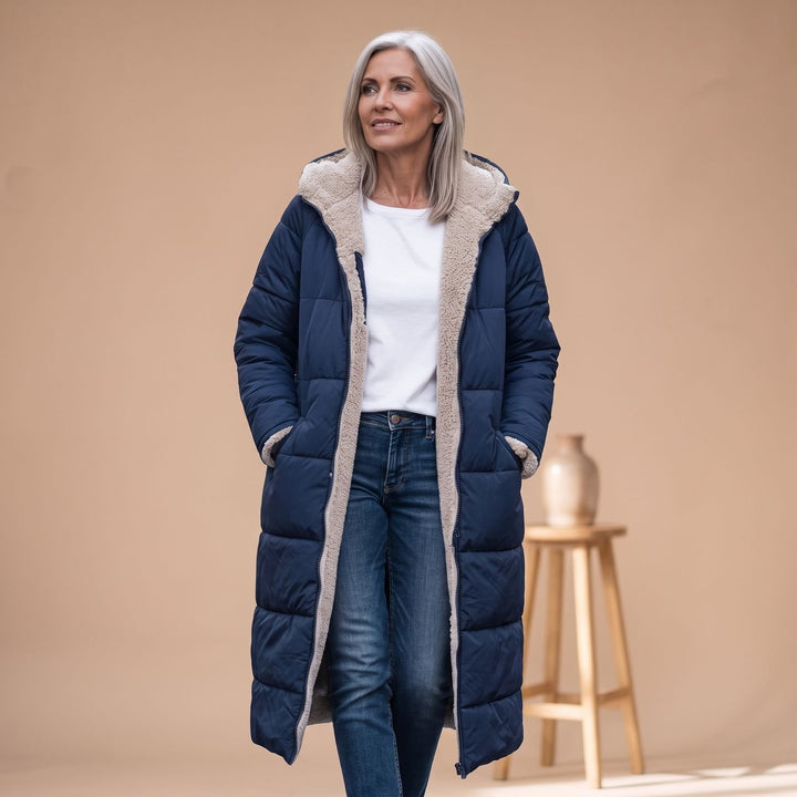 Damen Langer Gesteppter Wintermantel mit Sherpa-Innenfutter - Marineblau