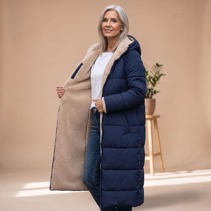 Damen Langer Gesteppter Wintermantel mit Sherpa-Innenfutter