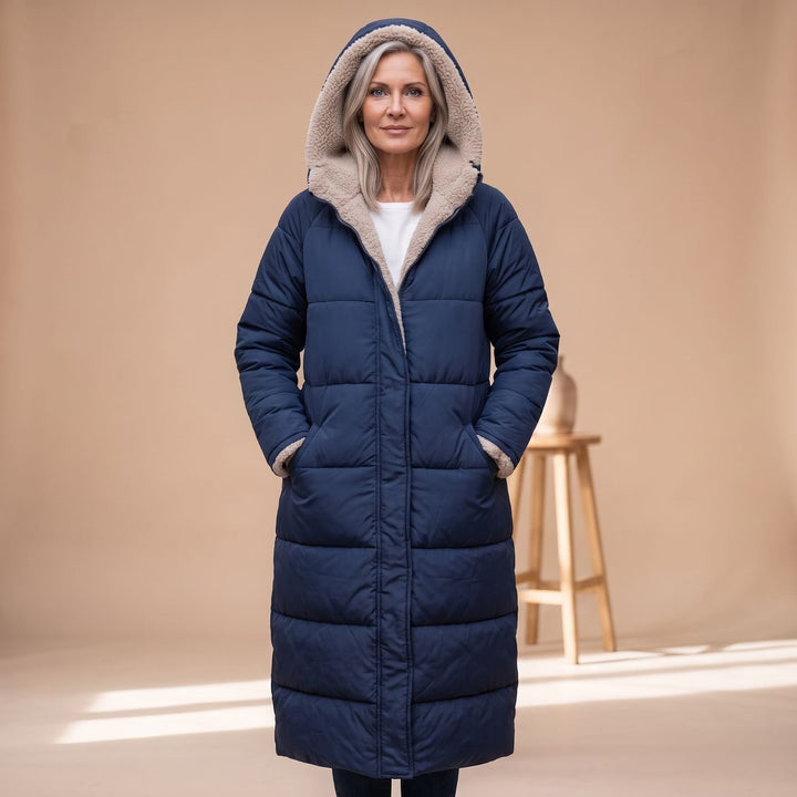 Damen Langer Gesteppter Wintermantel mit Sherpa-Innenfutter