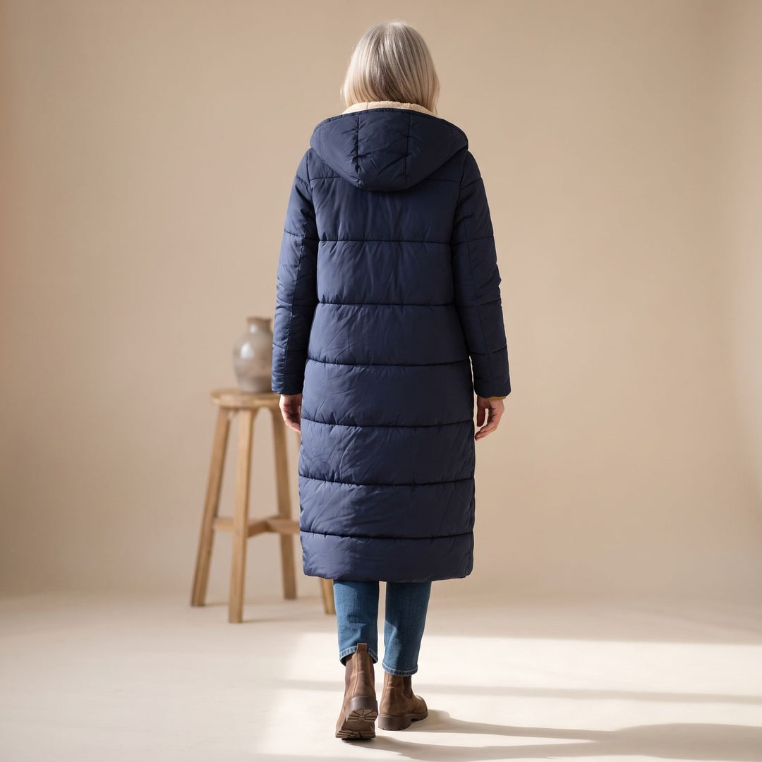Damen Langer Gesteppter Wintermantel mit Sherpa-Innenfutter