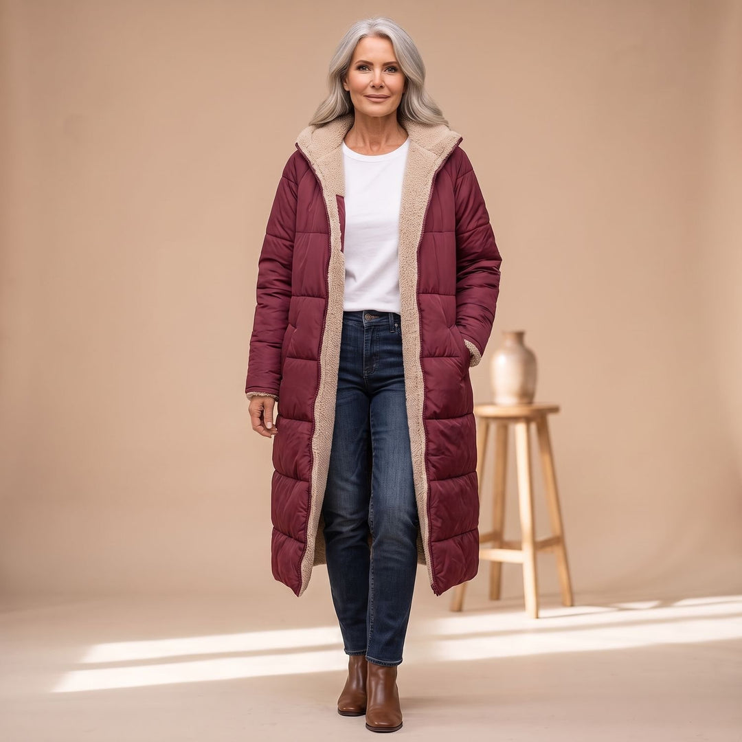 Damen Langer Gesteppter Wintermantel mit Sherpa-Innenfutter - Rot