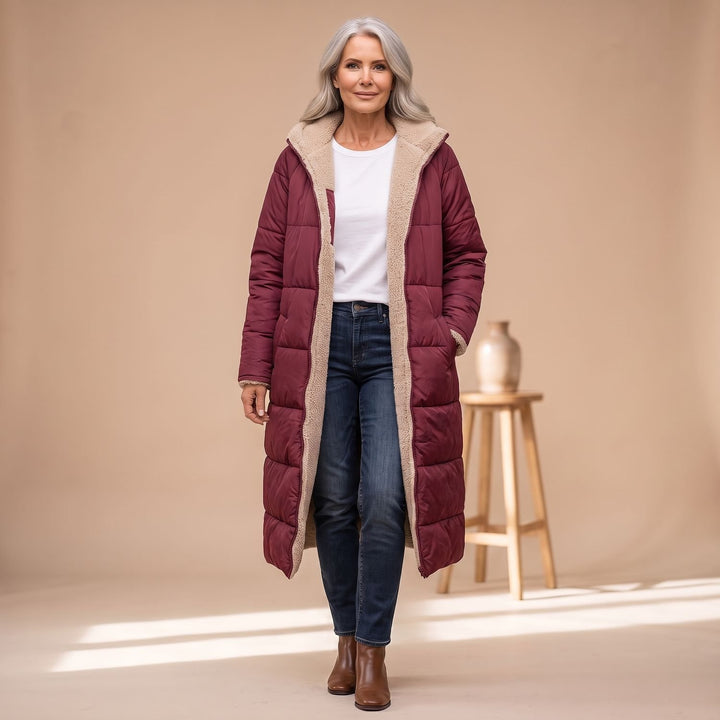 Damen Langer Gesteppter Wintermantel mit Sherpa-Innenfutter - Rot