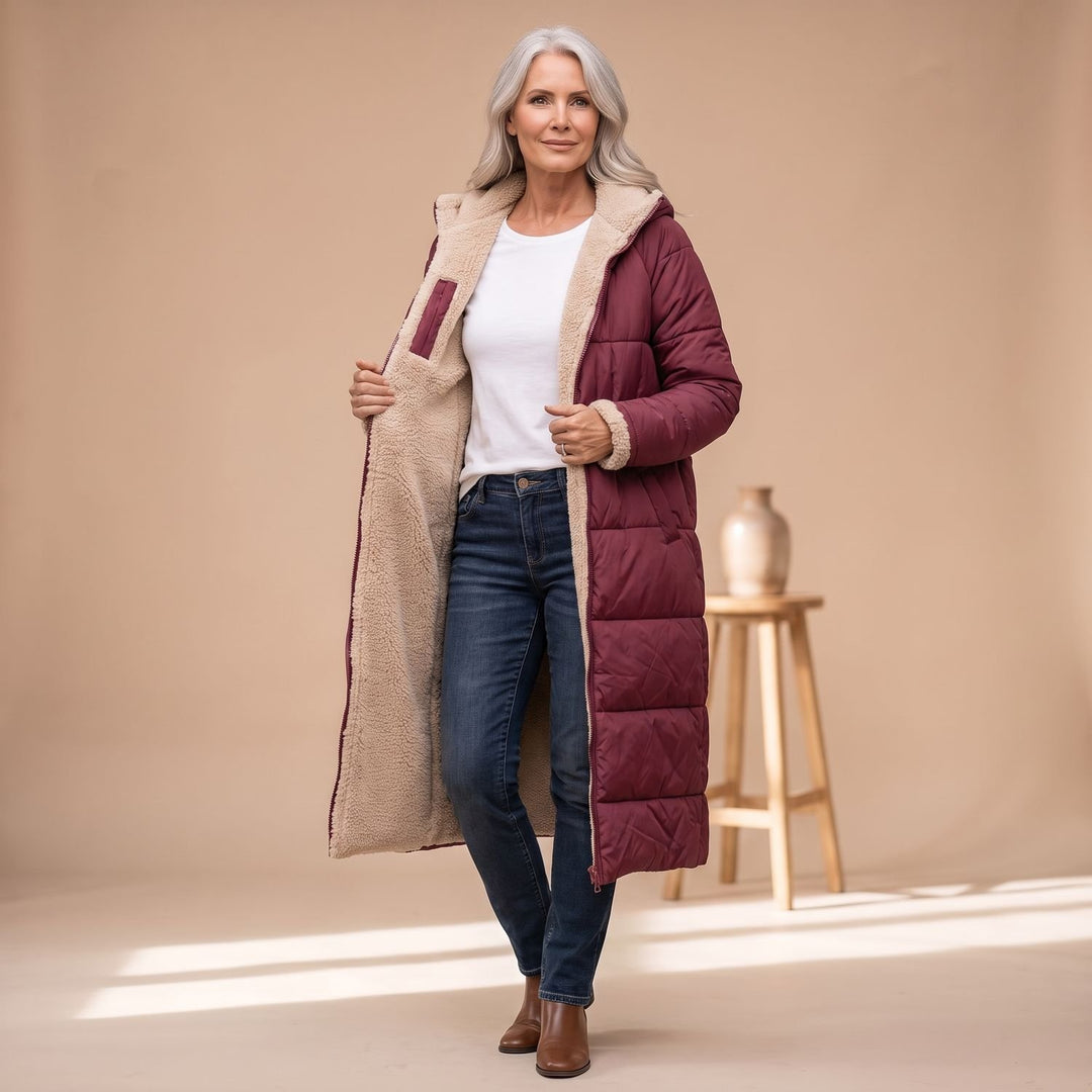 Damen Langer Gesteppter Wintermantel mit Sherpa-Innenfutter