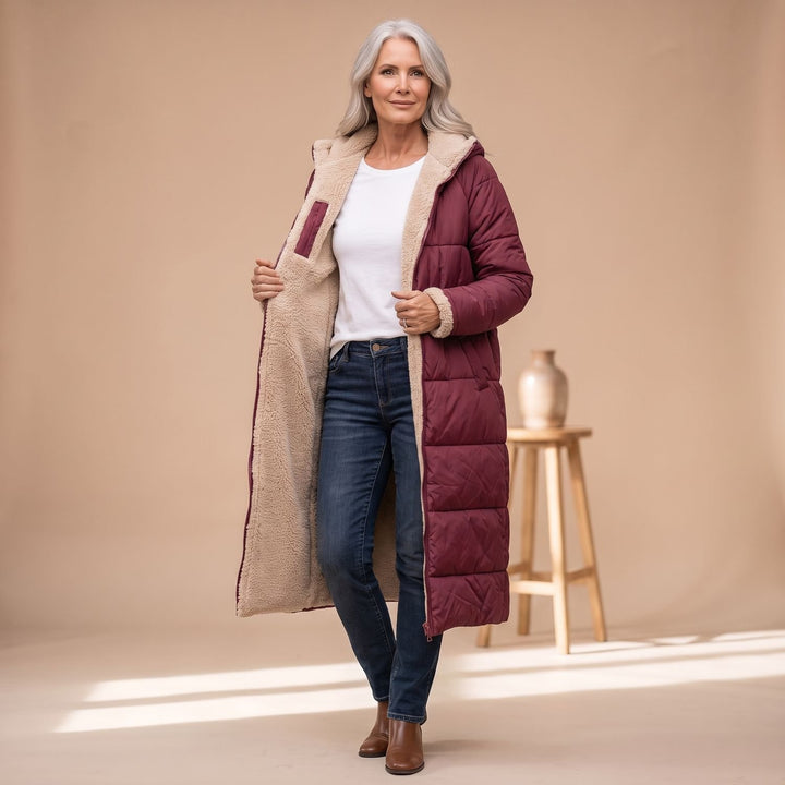 Damen Langer Gesteppter Wintermantel mit Sherpa-Innenfutter